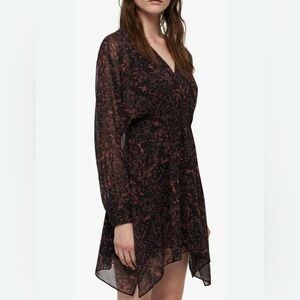 All Saints Nichola Rosey Dress Black and Red Patterned Long Sleeve Mini Medium